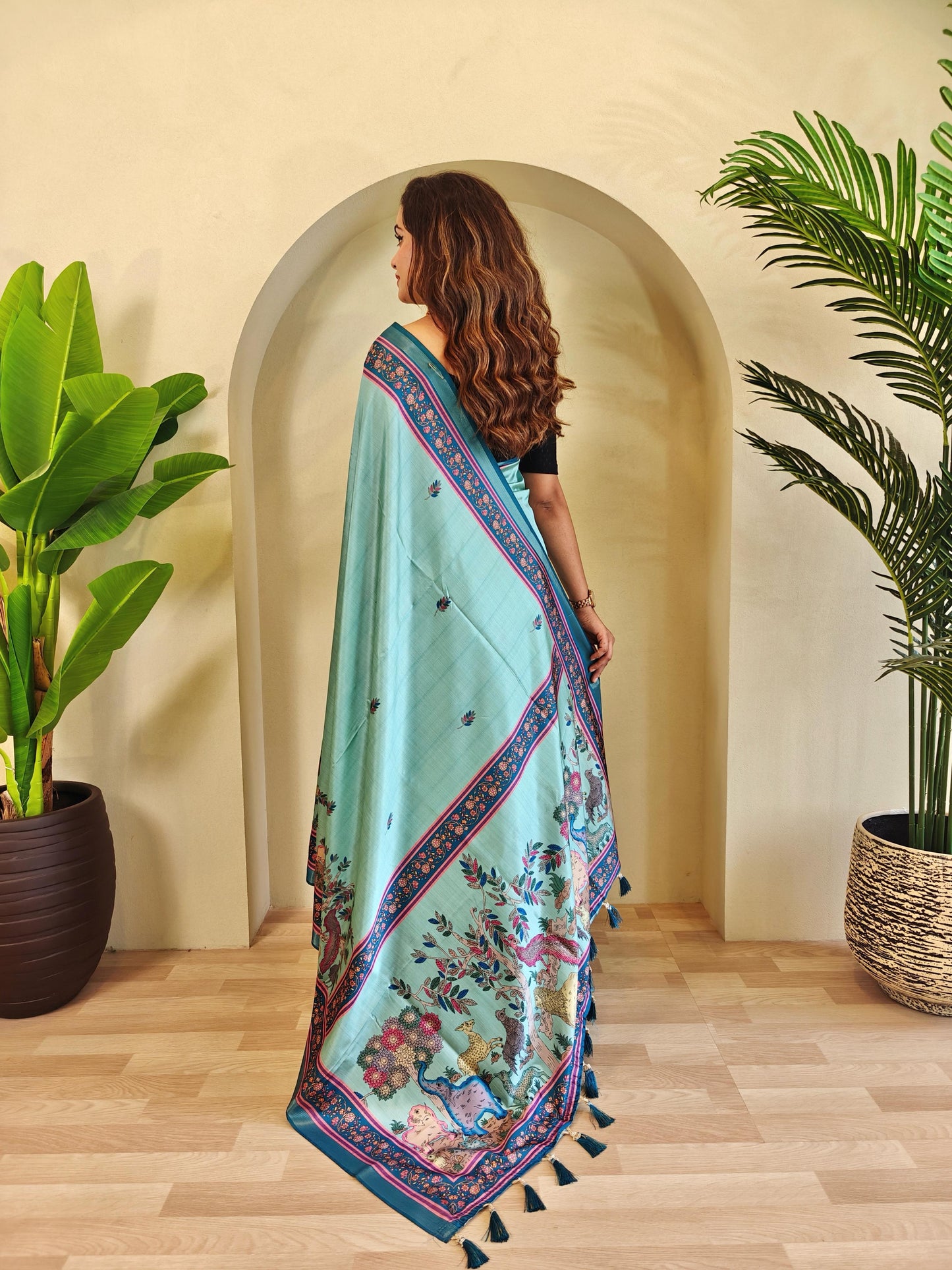Teal Blue Color Beautiful kalamkari Digital Print Saree