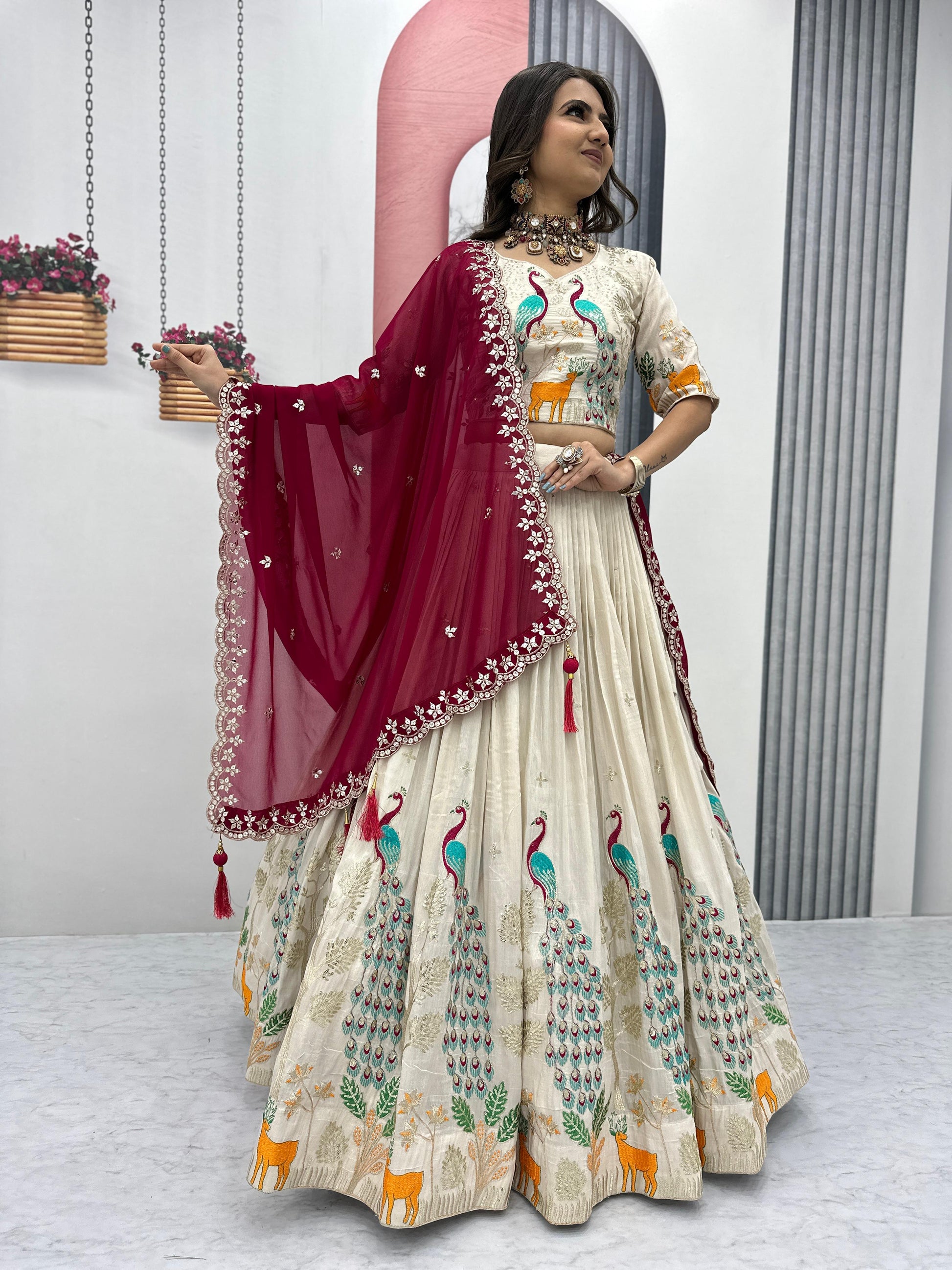 Pattern Wedding & Party Wear White Color With Red Dupatta Lehenga Choli