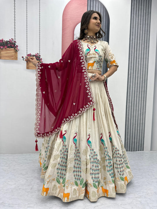 Pattern Wedding & Party Wear White Color With Red Dupatta Lehenga Choli