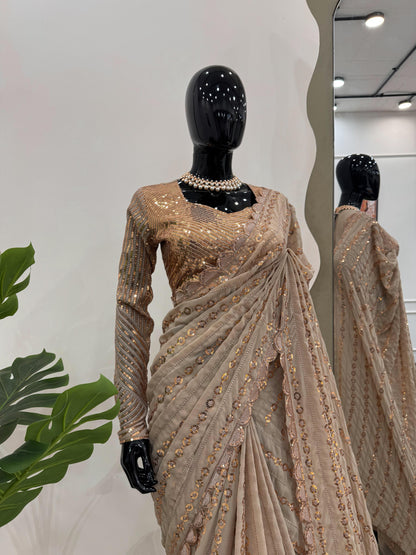 Classic Full Sequence Work Beige Color Saree