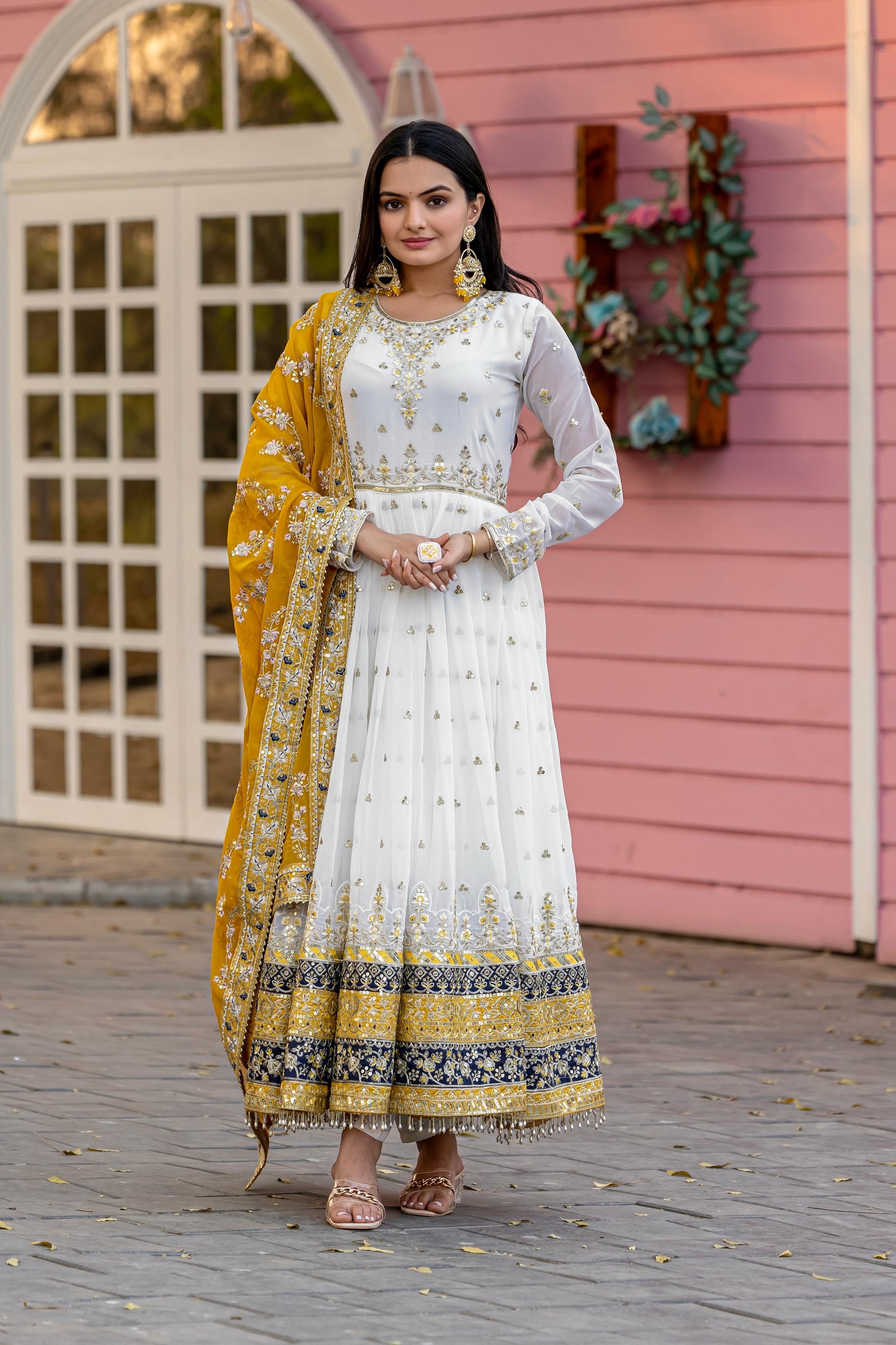 Glorious Georgette White Color Gown With Yellow dupatta