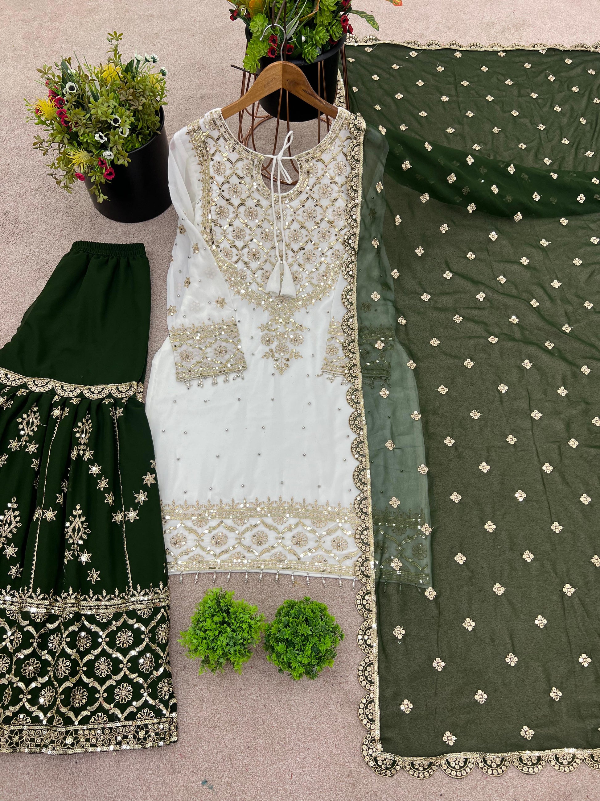 Fabulous Heavy Work White Color Suit With Mehndi Sharara