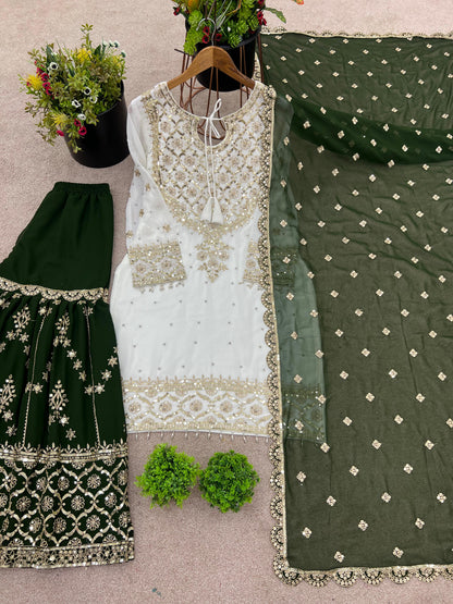 Fabulous Heavy Work White Color Suit With Mehndi Sharara