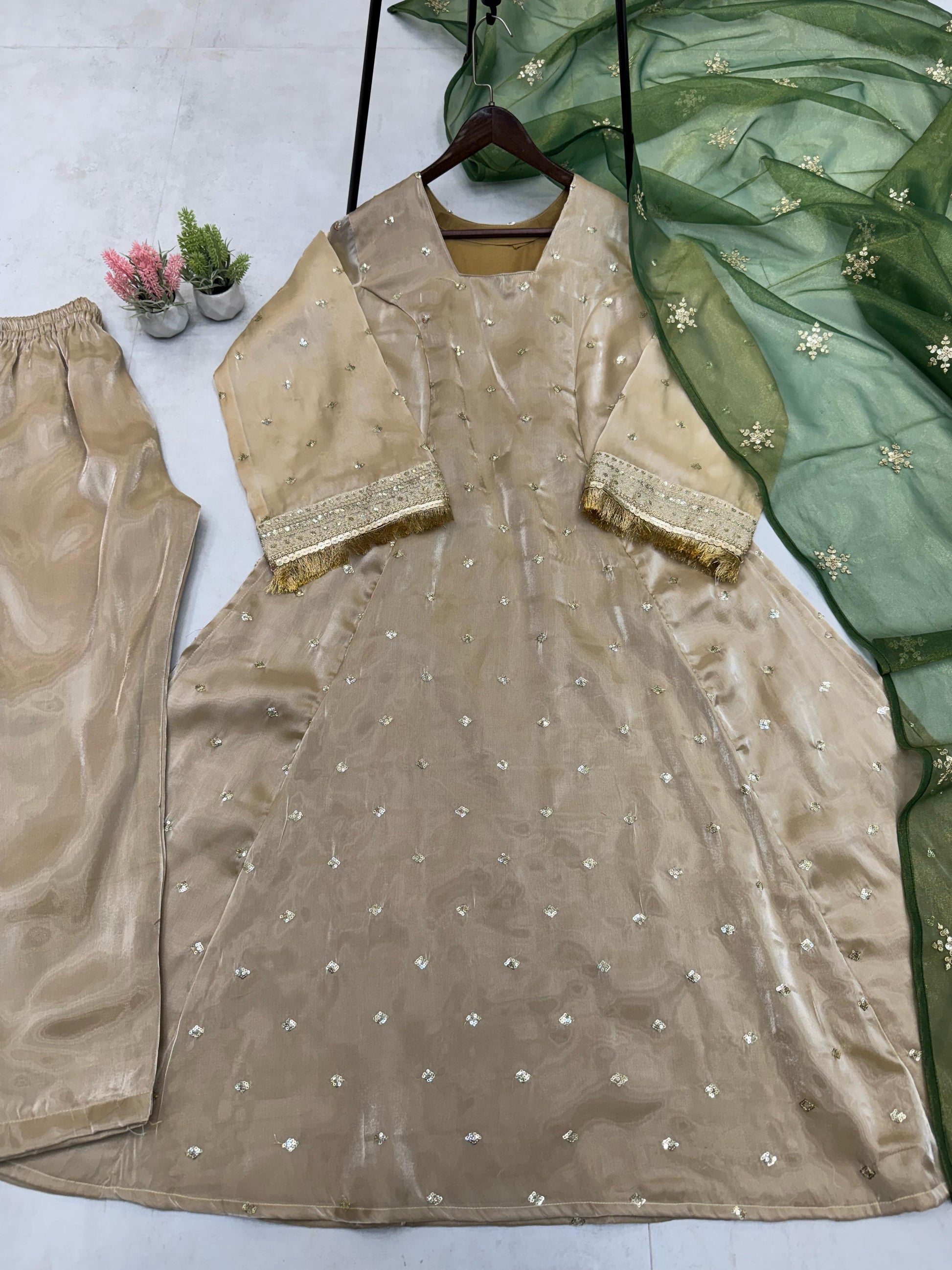 Delightful Embroidery Work Beige Color Salwar Suit With Green Dupatta