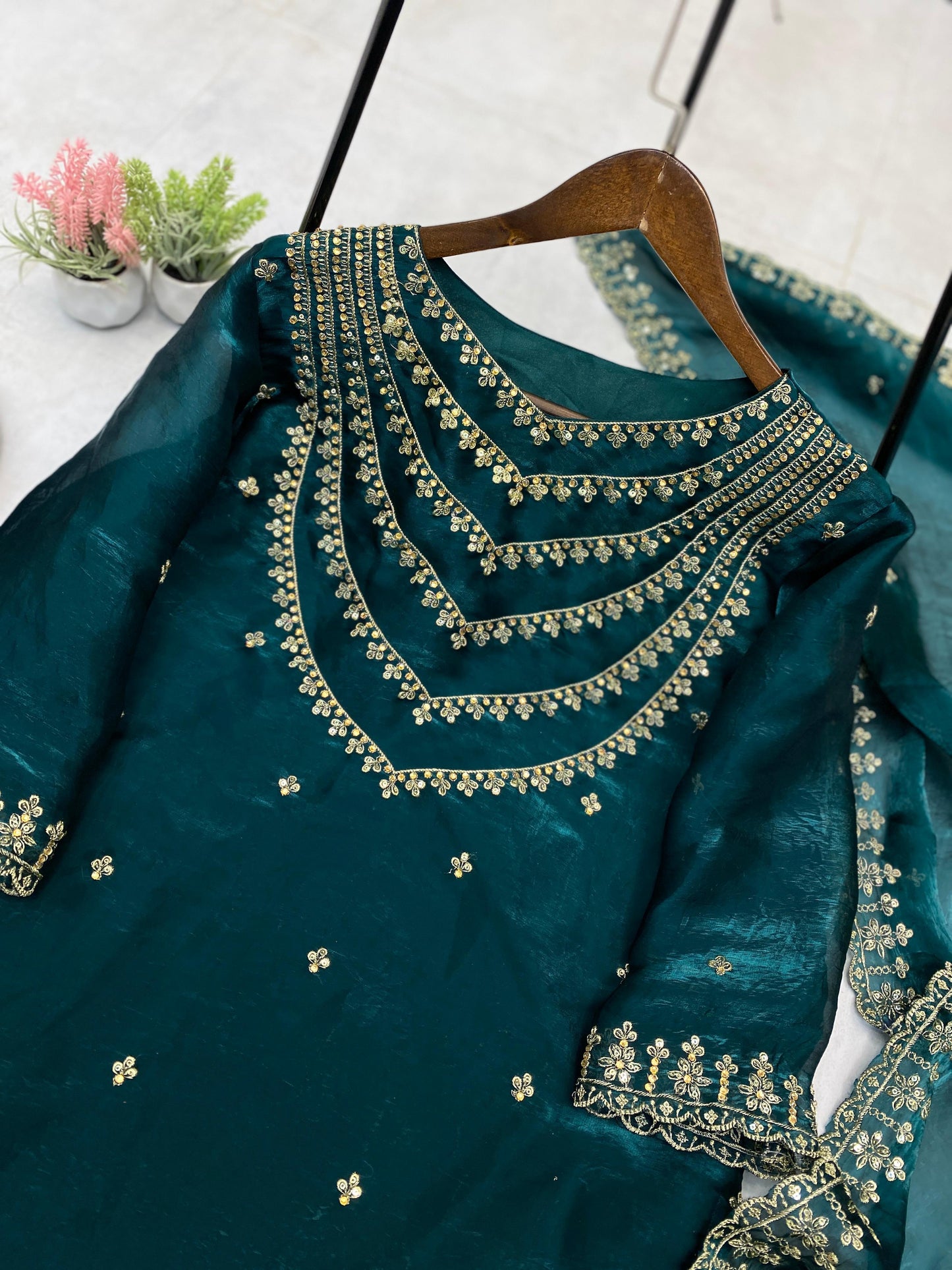 Good Looking Embroidery Work Teal Green Color Palazzo Suit