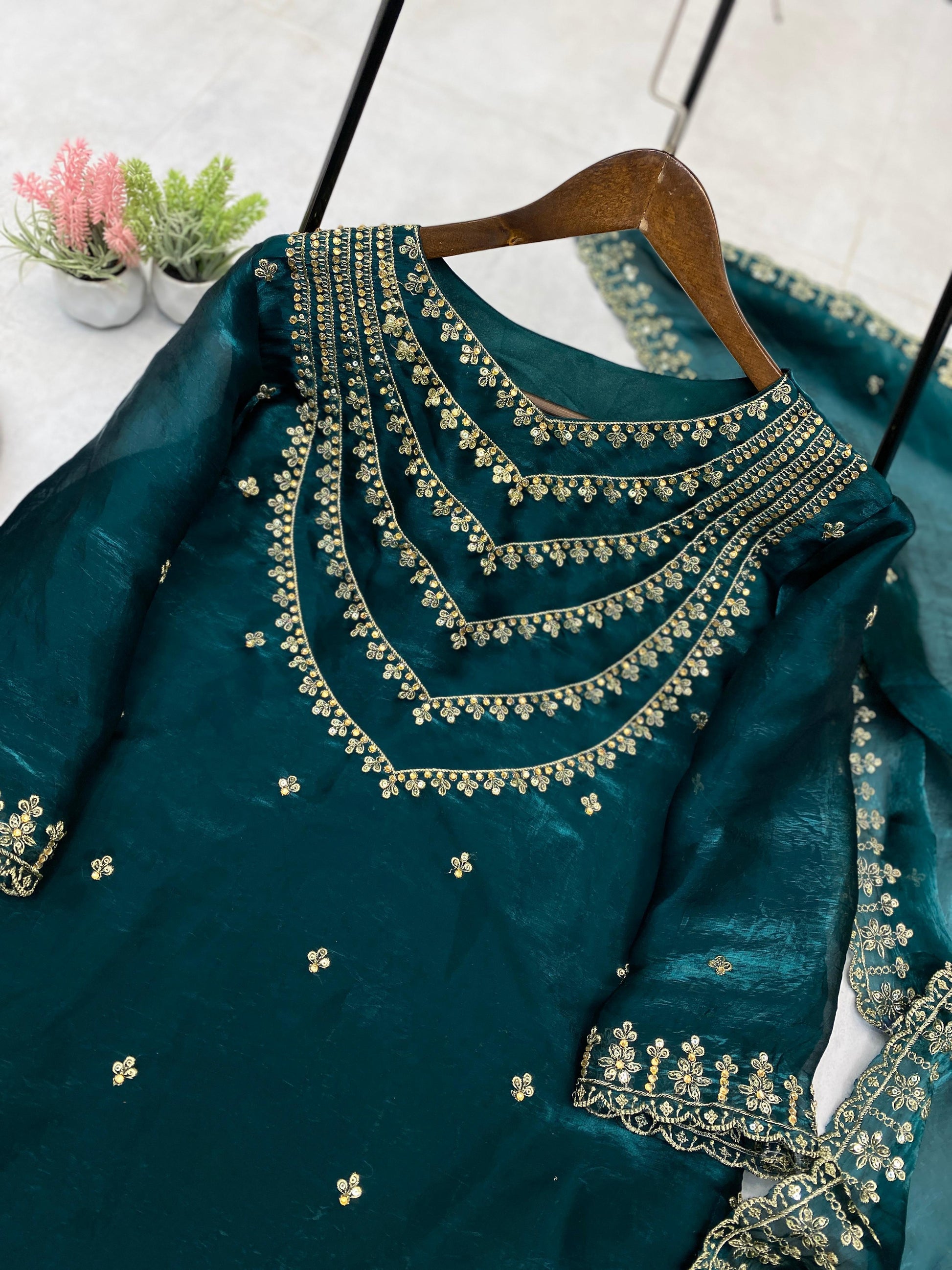 Good Looking Embroidery Work Teal Green Color Palazzo Suit