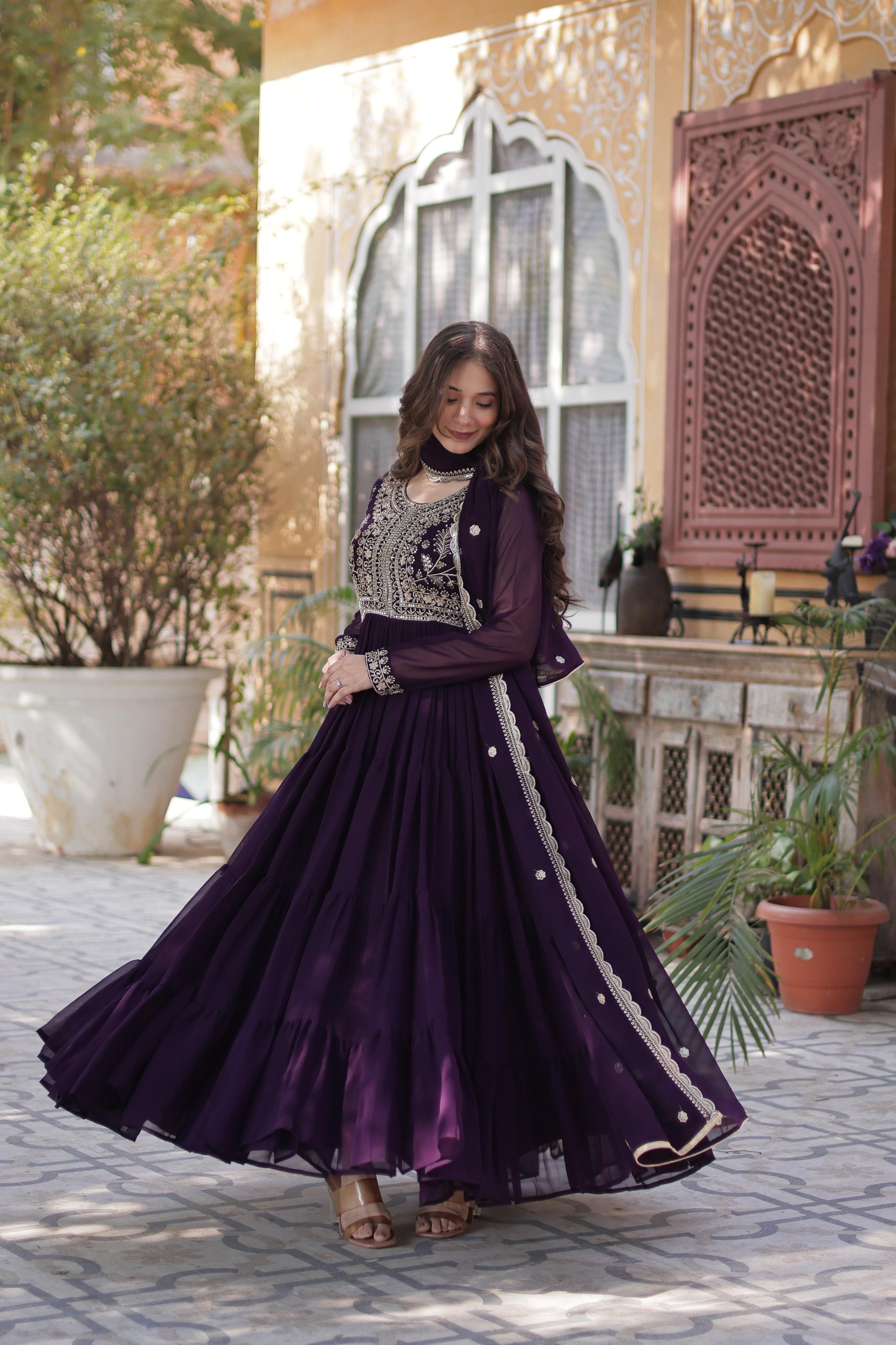 Awesome Embroidery Pearl Work Purple Color Gown