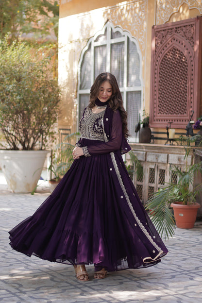 Awesome Embroidery Pearl Work Purple Color Gown