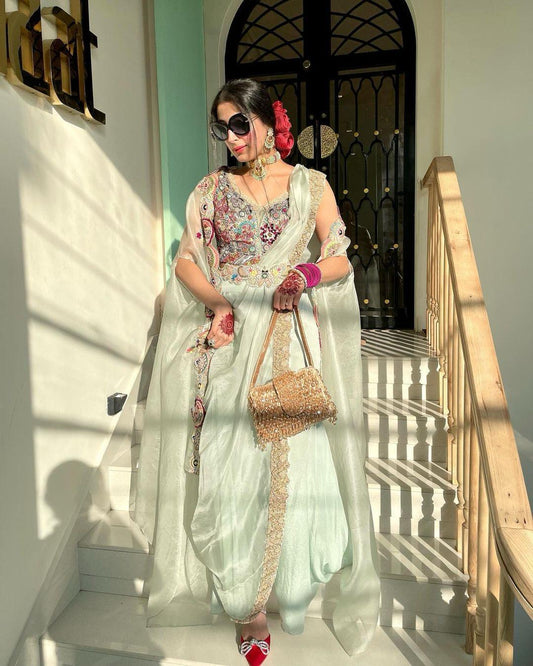 Unique Georgette Pista Color Palazzo Suit With Koti
