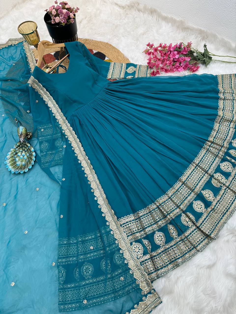 Wonderful Georgette Embroidery Work Sky Blue Color Gown