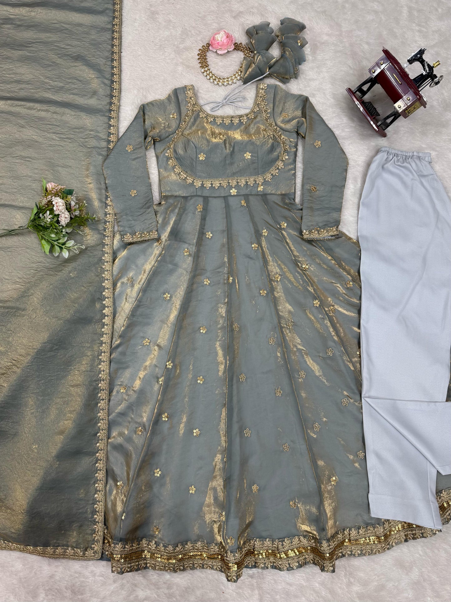 Fancy Sequence Work Grey Color Silk Gown