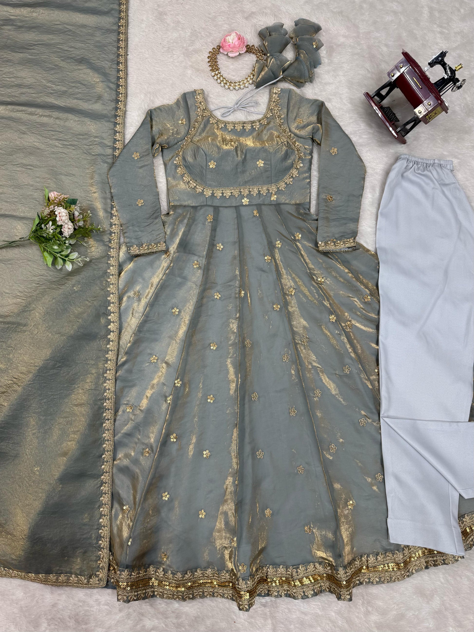 Fancy Sequence Work Grey Color Silk Gown