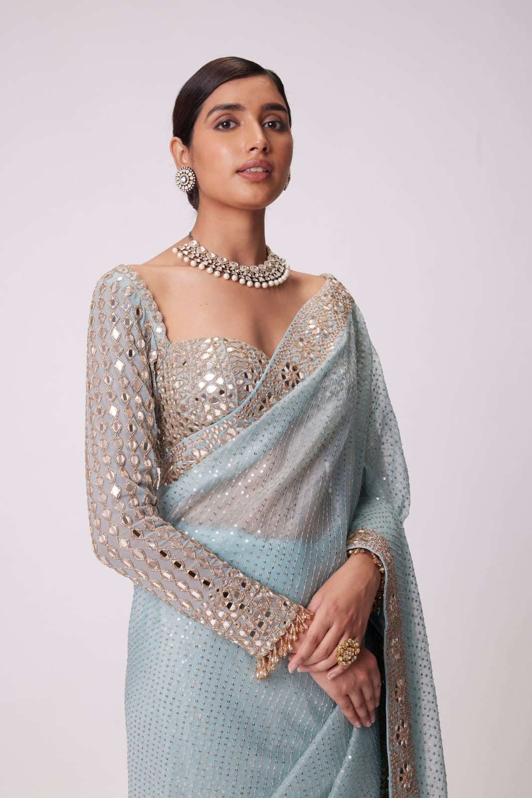 Good Looking Original Mirror Sequence Work Sky Blue Color Saree