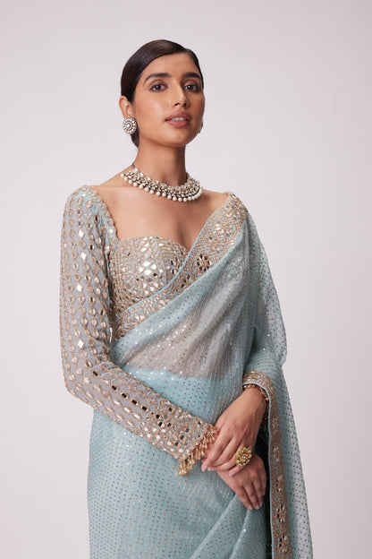 Good Looking Original Mirror Sequence Work Sky Blue Color Saree