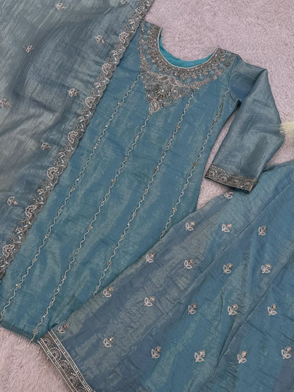 Designer Crush Silk Teal Blue Color Palazzo Suit