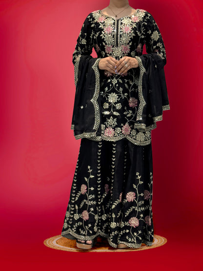 Outstanding Sequence And Thread Work Black Color Sharara Suit
