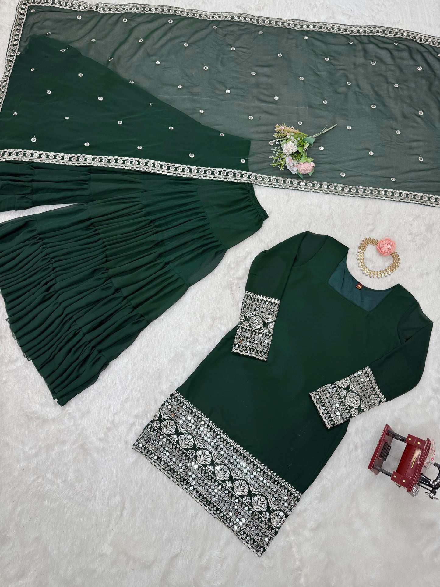Wonderful Gorgette Sequnce Work Green Color Sharara Suit