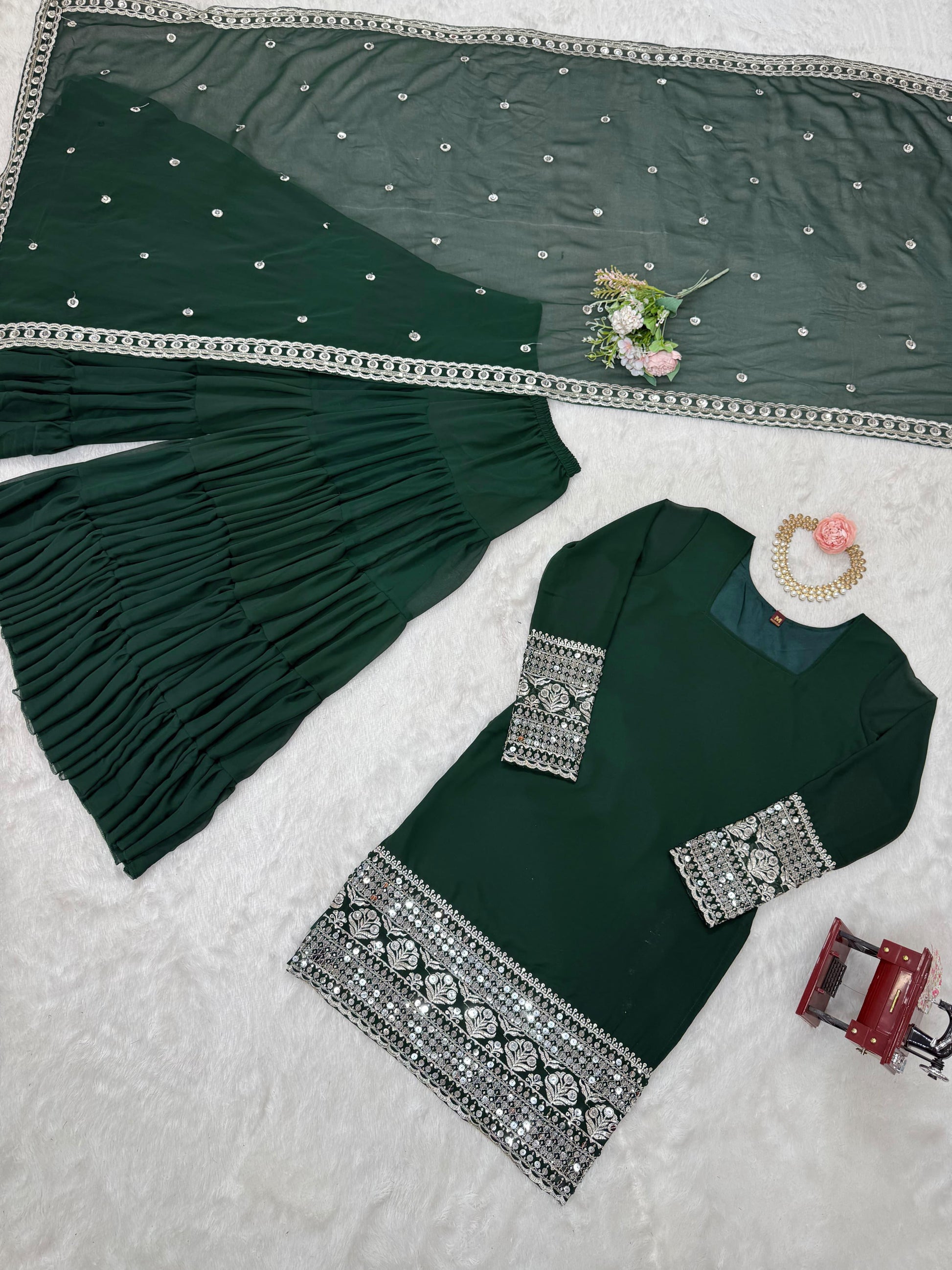 Wonderful Gorgette Sequnce Work Green Color Sharara Suit