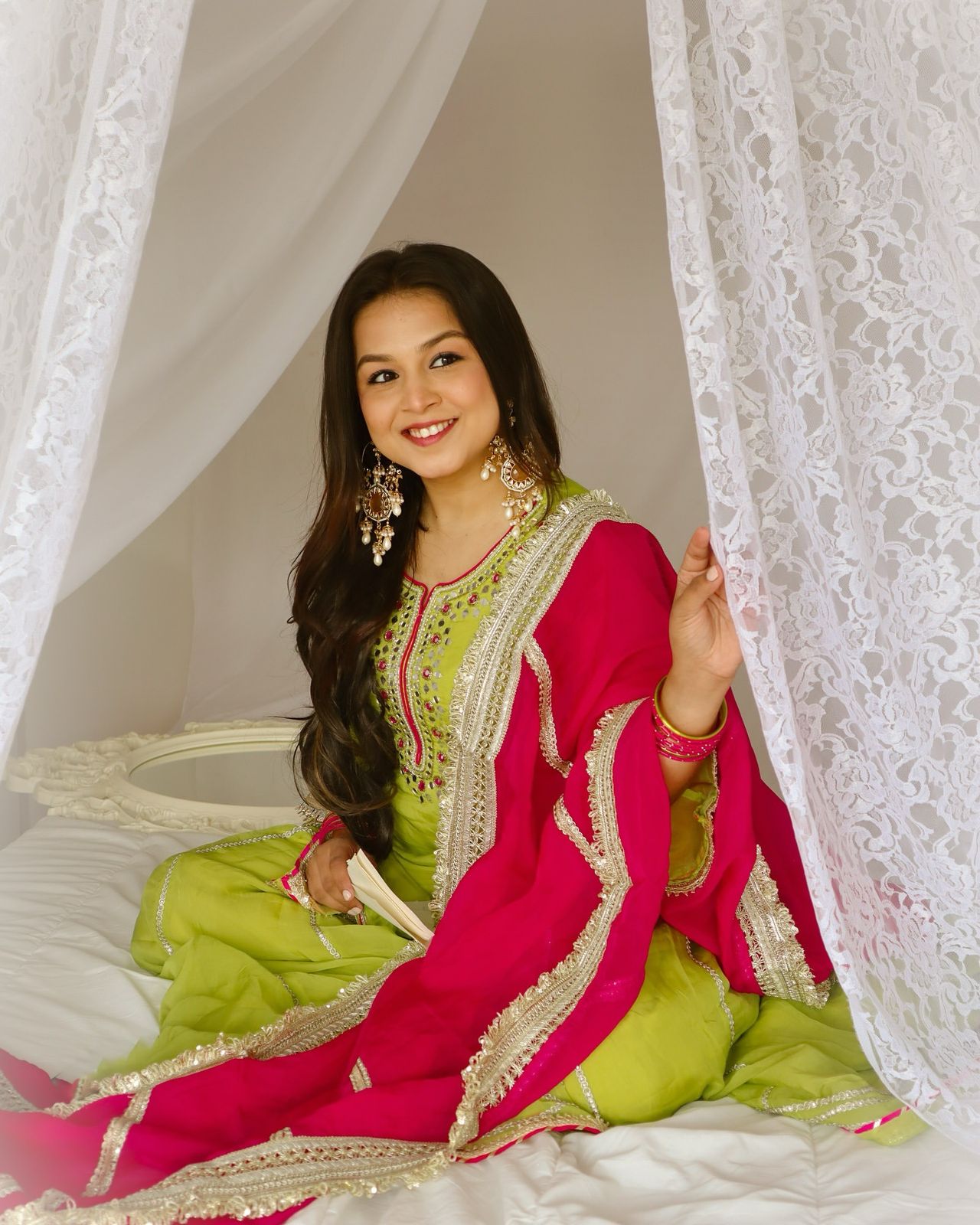 Attractive Embroidery Thread Work Green Color Palazzo Suit