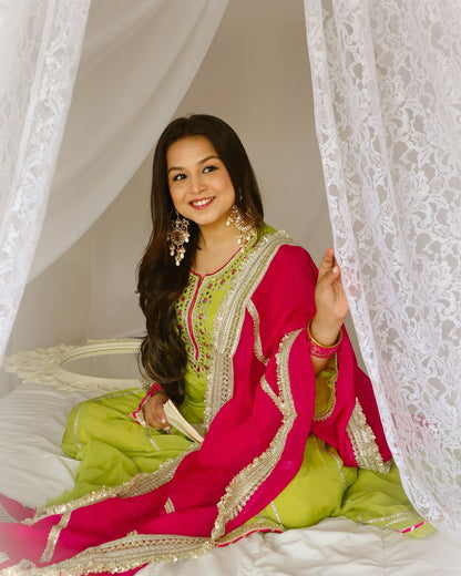 Attractive Embroidery Thread Work Green Color Palazzo Suit
