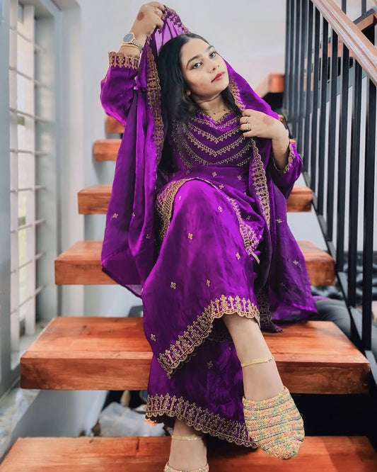 Good Looking Embroidery Work Wine Color Palazzo Suit