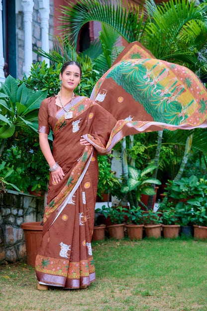 Exclusive Brown Color Color Pure Cotton Lilen With Digital Printed Designer Saree