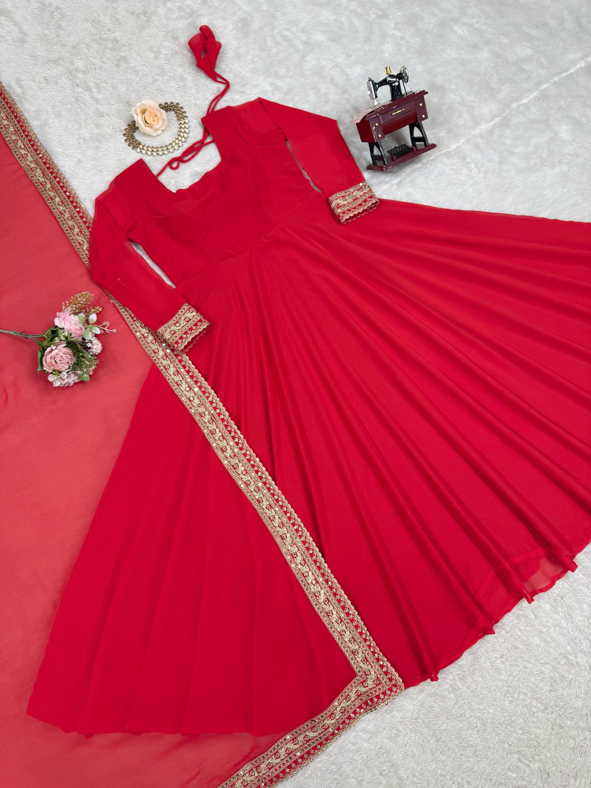 Attractive Georgette Red Color Anarkali Gown