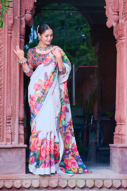 Gorgeous White Color Color Pure Cotton Lilen With Digital Printed Designer Saree