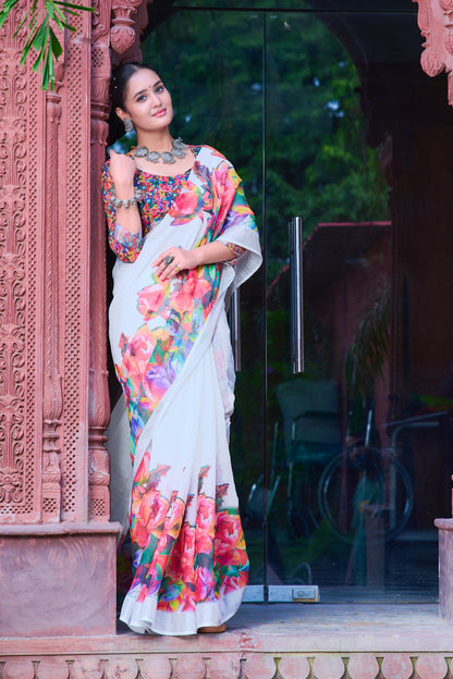 Gorgeous White Color Color Pure Cotton Lilen With Digital Printed Designer Saree