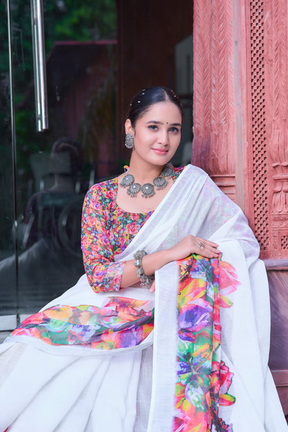 Gorgeous White Color Color Pure Cotton Lilen With Digital Printed Designer Saree