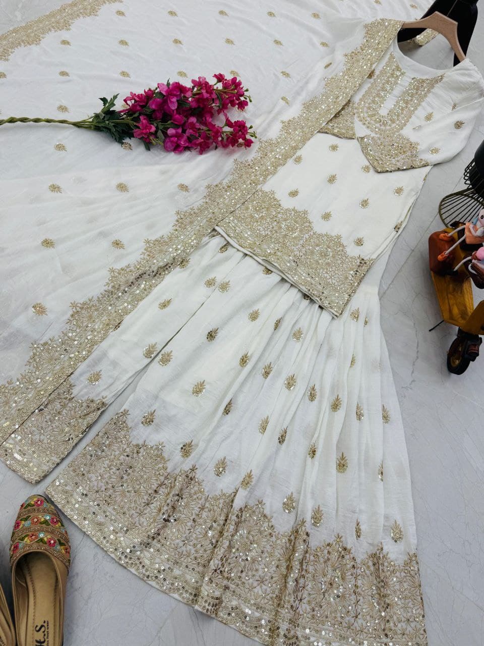 Function Wear Heavy Work White Color Sharara Suit
