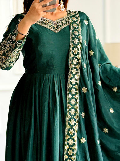 Imposing Chinon Silk Sequence Work Green Color Gown