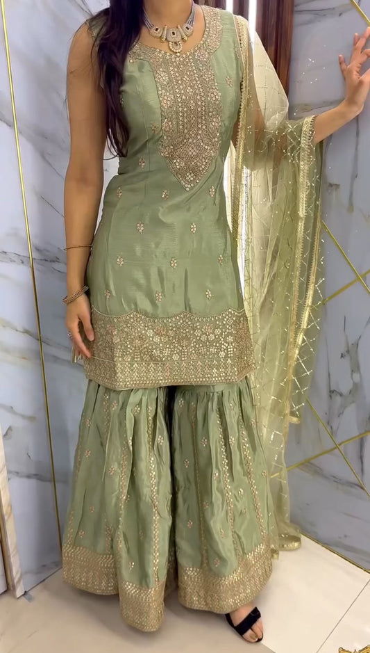 Delightful Sequence Work Green Color Palazzo With Dupatta Set