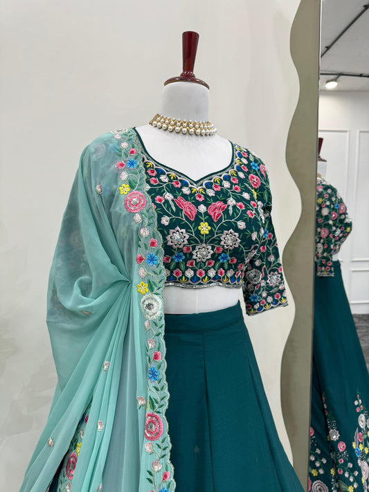 Fantastic Chinon Silk Sequence Work Green Color Lehenga Choli