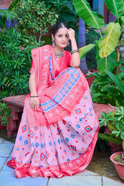 Stylish Baby Pink Color Color Pure Cotton Lilen With Digital Printed Designer Saree