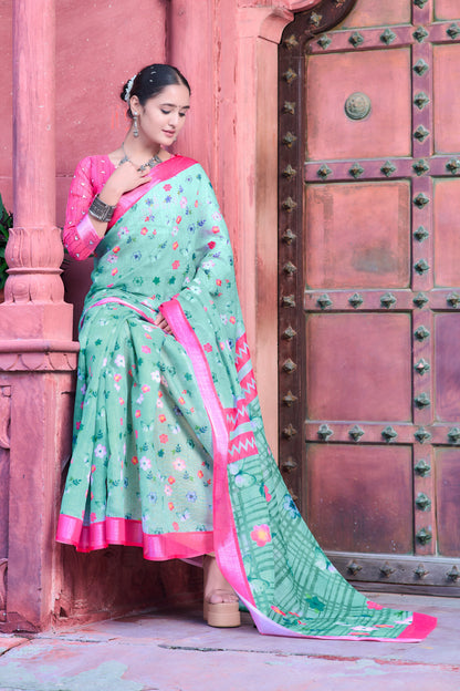 Daisy Parrot Green Color Color Pure Cotton Lilen With Digital Printed Designer Saree