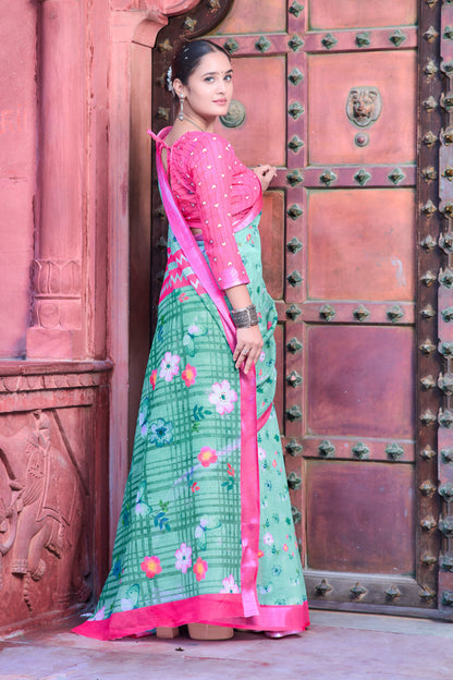 Daisy Parrot Green Color Color Pure Cotton Lilen With Digital Printed Designer Saree