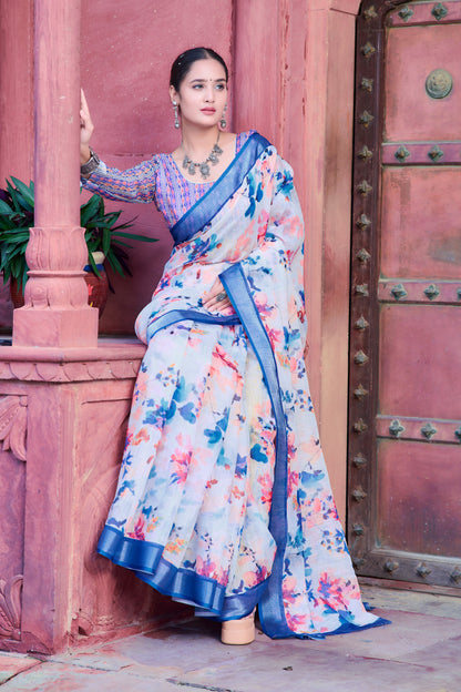 Fabulous Blue And White Color Color Pure Cotton Lilen With Digital Printed Designer Saree