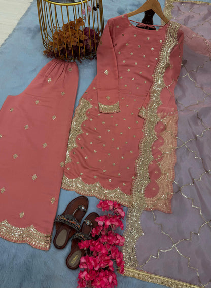 Adorable Roman Silk Peach Color Salwar Suit