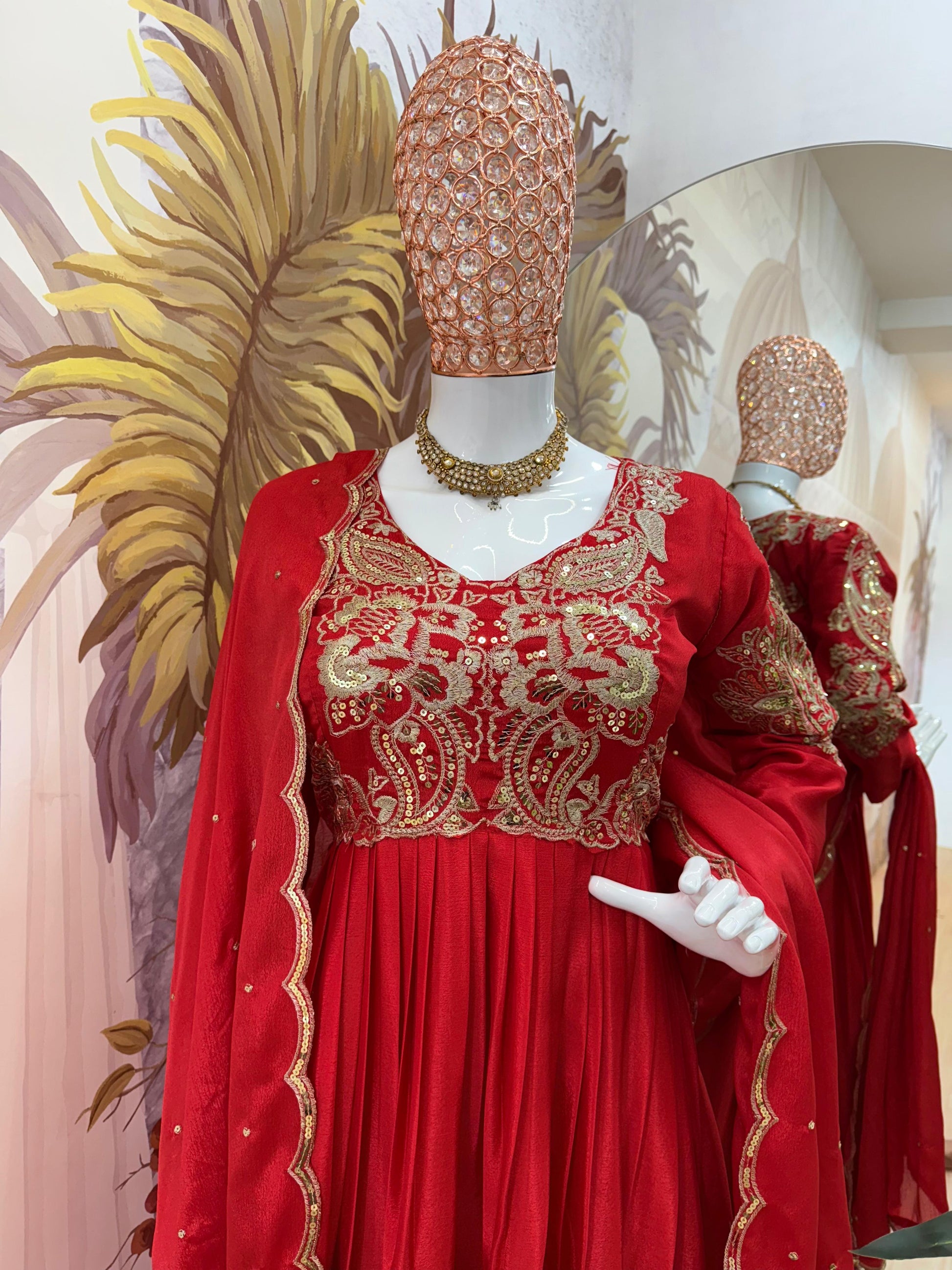 Fantastic Embroidery Work Red Color Gown