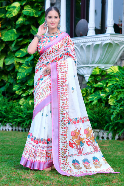 Precious White And Lavender Color Color Pure Cotton Lilen With Digital Printed Designer Saree