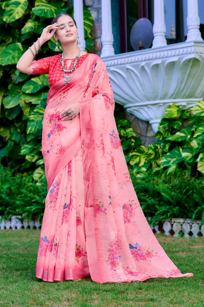 Glorious Light Pink Color Color Pure Cotton Lilen With Digital Printed Designer Saree