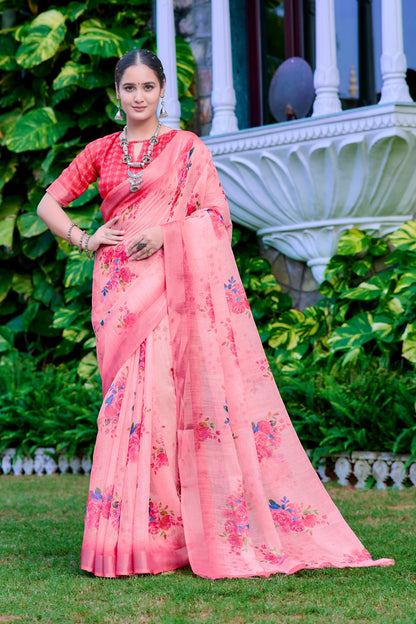 Glorious Light Pink Color Color Pure Cotton Lilen With Digital Printed Designer Saree