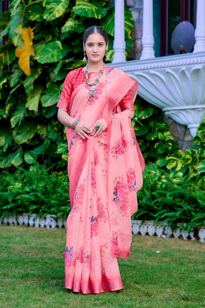 Glorious Light Pink Color Color Pure Cotton Lilen With Digital Printed Designer Saree