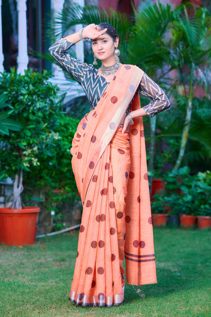 Demanding Orange Color Color Pure Cotton Lilen With Digital Printed Designer Saree