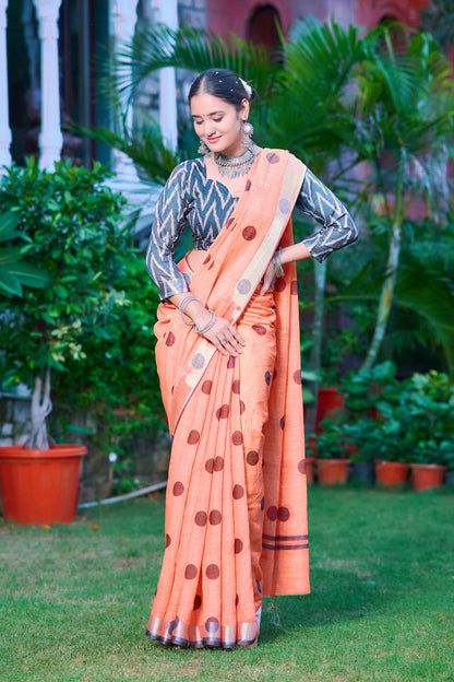 Demanding Orange Color Color Pure Cotton Lilen With Digital Printed Designer Saree