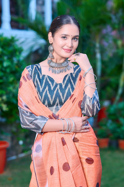 Demanding Orange Color Color Pure Cotton Lilen With Digital Printed Designer Saree