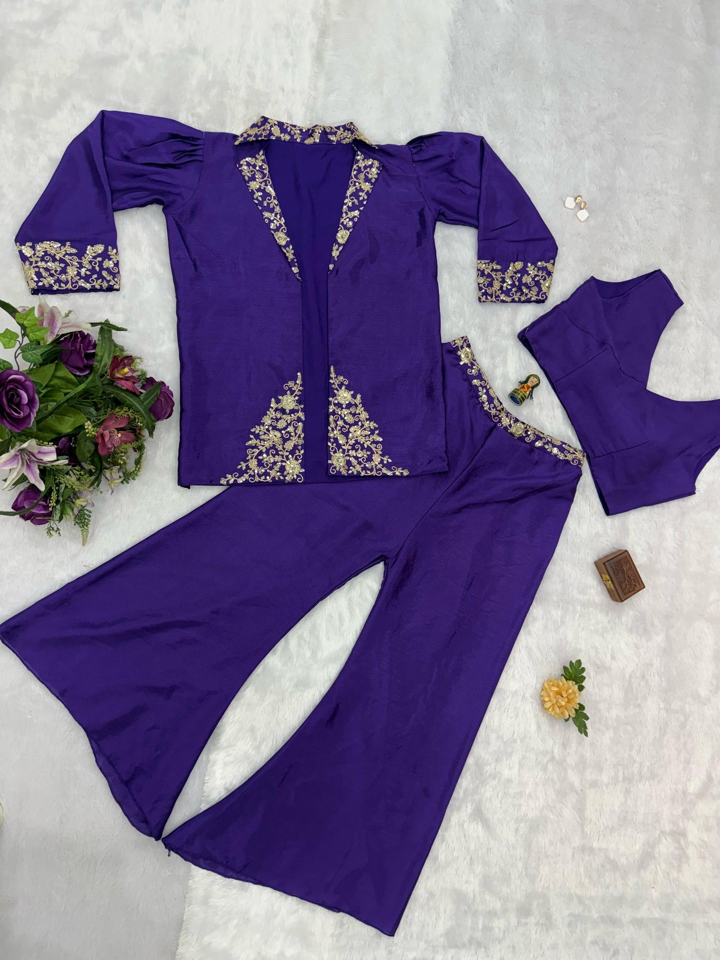 Classy Chinon Purple Color Embroidery Work Palazzo Suit With Koti
