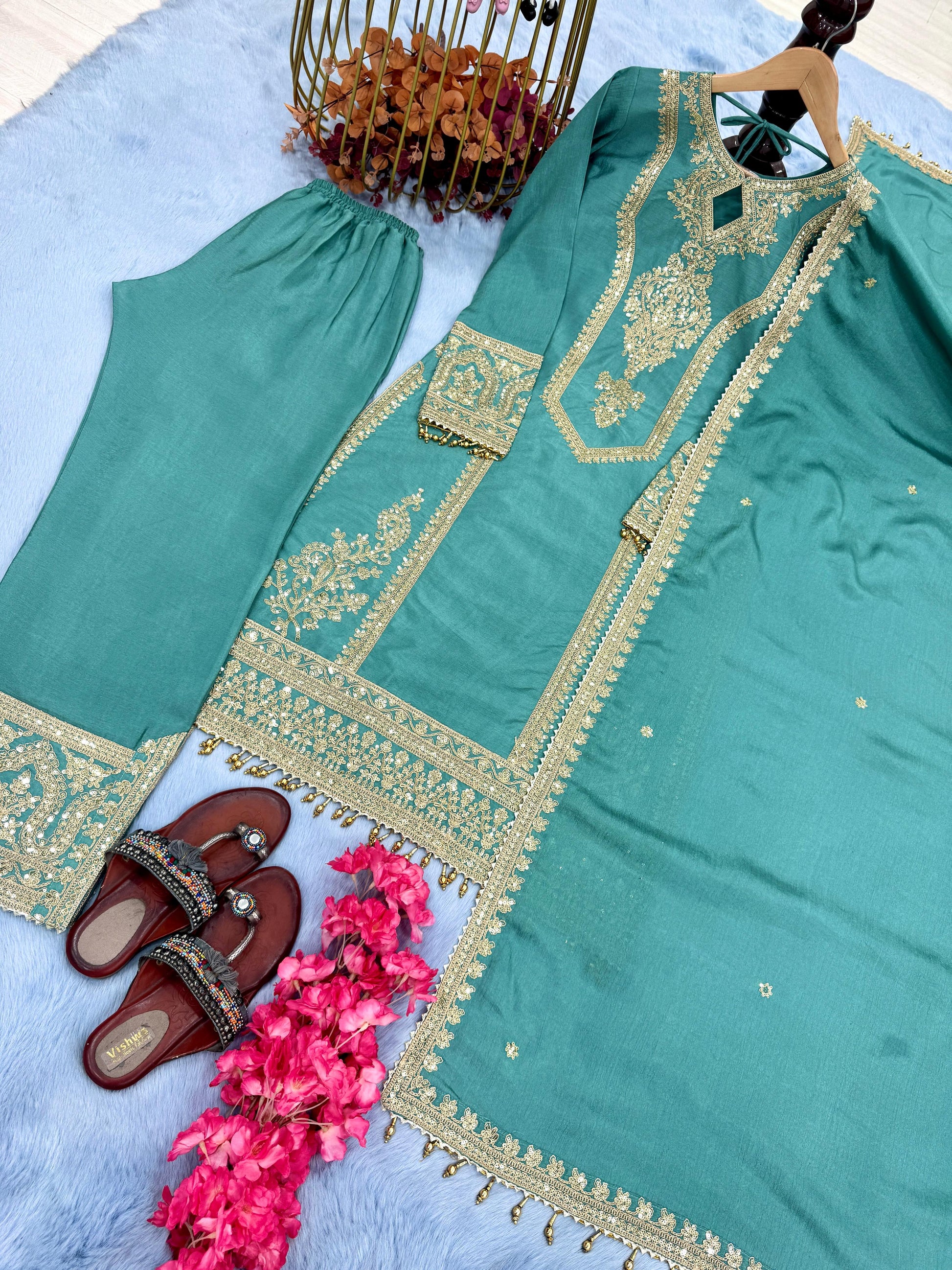 Imposing Chinon Silk Teal Blue Color Top With Plazzo