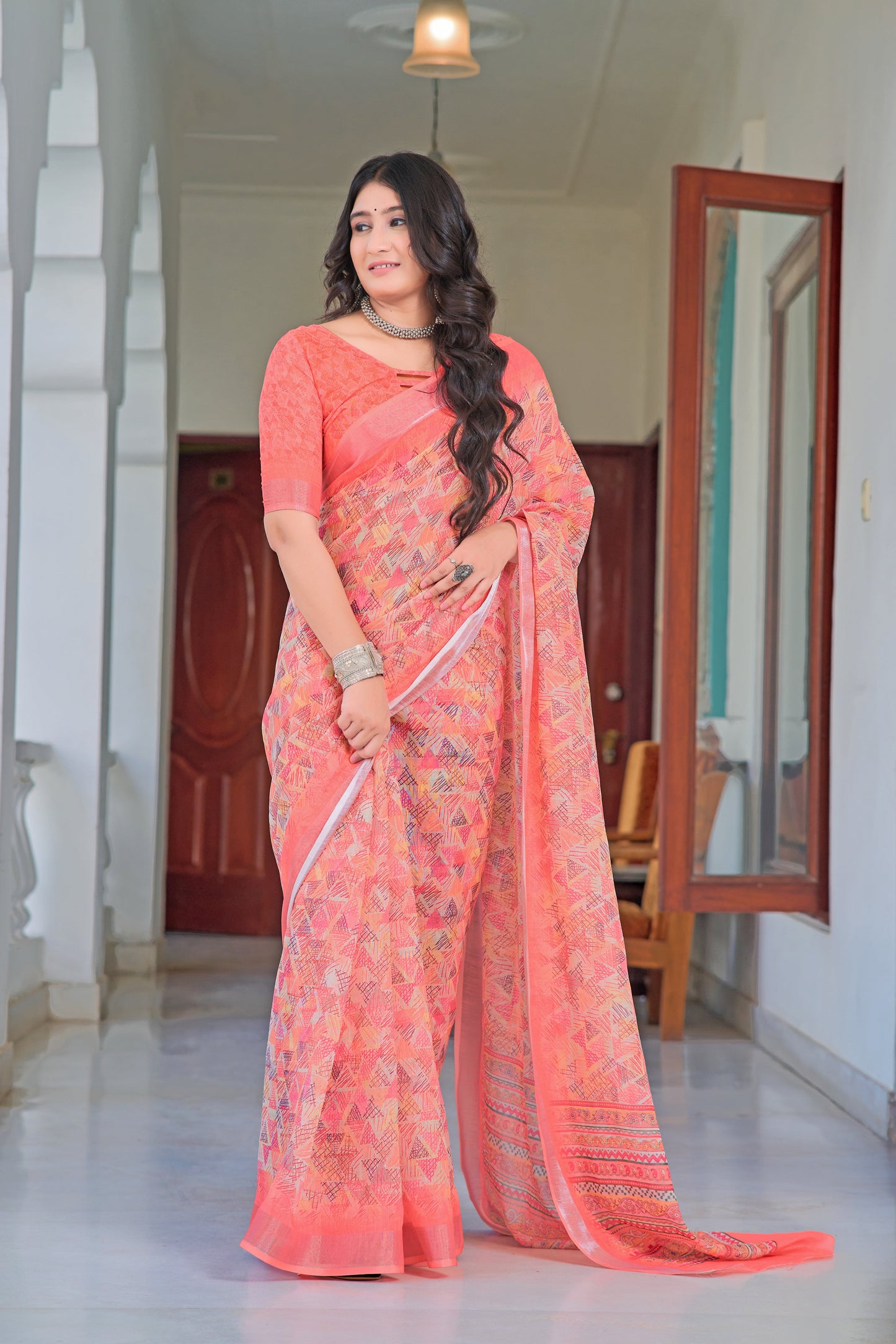Outstanding Peach Color Color Pure Cotton Lilen With Digital Printed Designer Saree